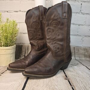 VINTAGE LAREDO WOMENS COWBOY BOOTS POINTED SNIP TOE DARK BROWN LEATHER 7